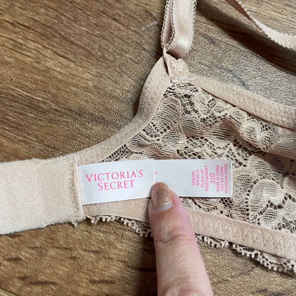 Victorias Secret Nude Dream Push Up Bra Womens Size 32D Beige Lace Padded Tan - Picture 6 of 8